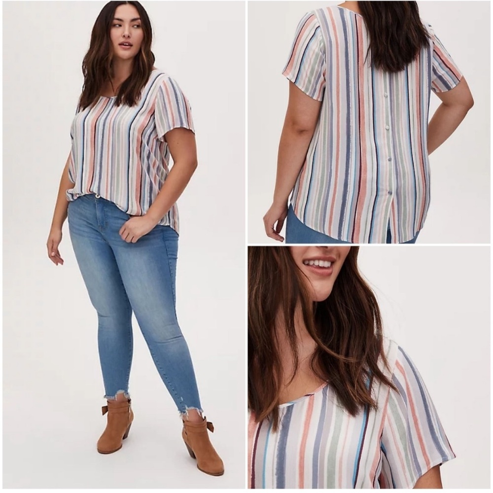 Torrid Button Back Striped Short Sleeve Blouse Top, Women's 2X